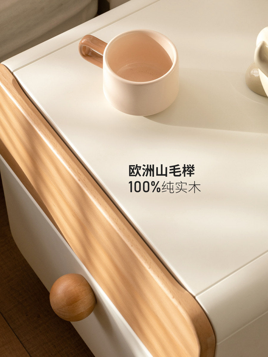 Solid Wood Nightstand, Cream-Style Color-Block Bedside Table, Minimalist White Storage Cabinet with Drawers for Bedroom